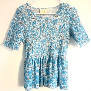 Maeve for Anthropologie Blue Floral Smocked Top
